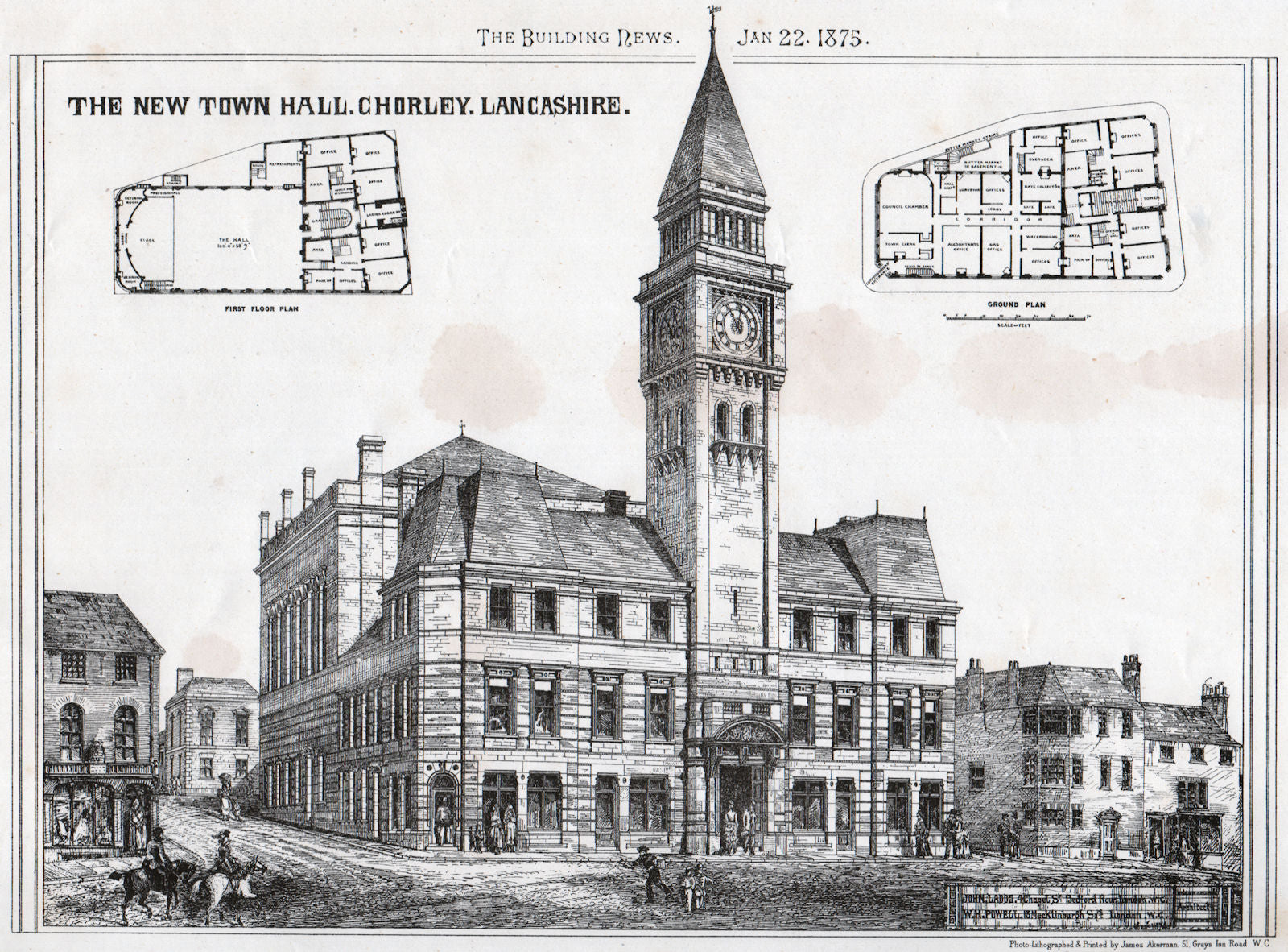 The New Town Hall, Chorley, Lancashire 1875 old antique vintage print picture